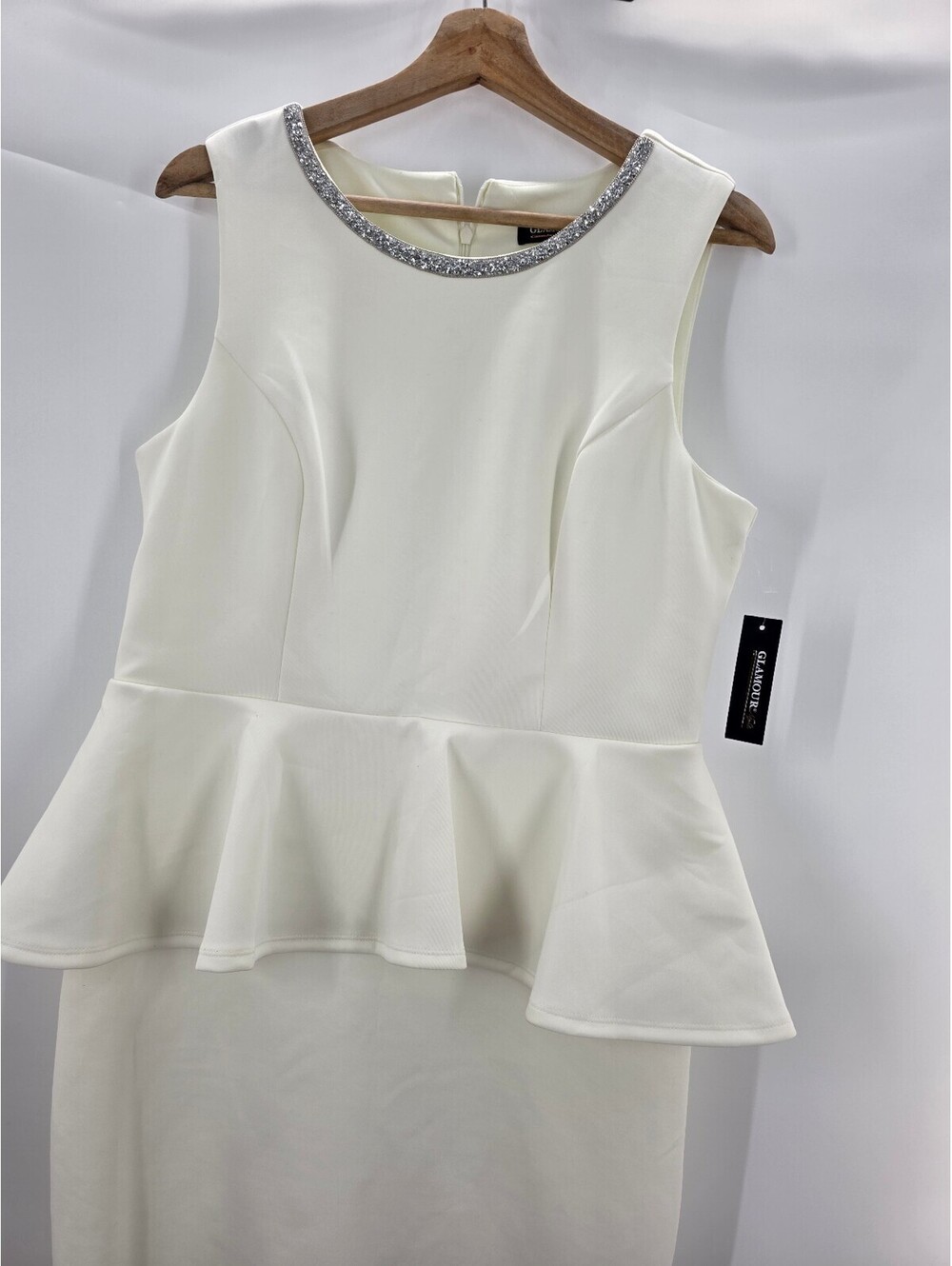 Glamour White Peplum Dress with Silver Sequin Neckline